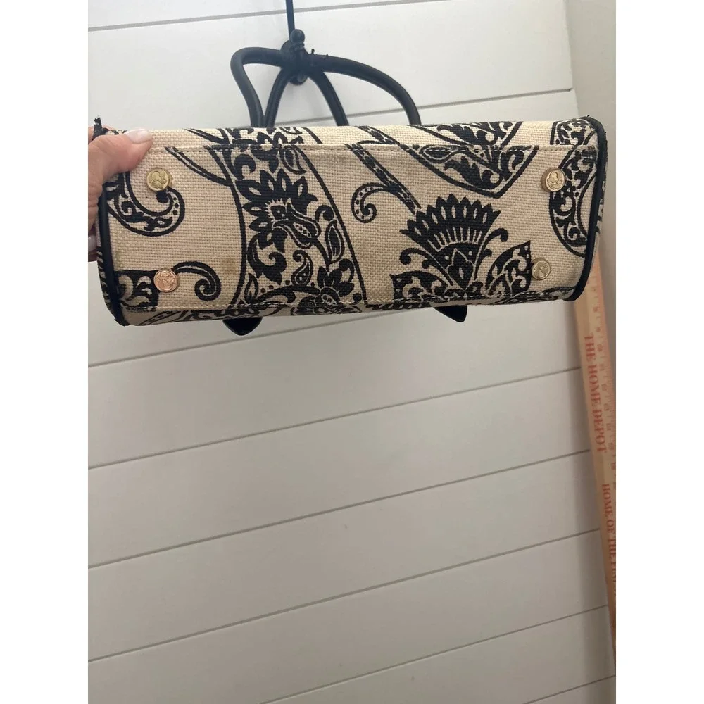 Spartina 449 Satchel Bag Black Cream Paisley Linen Leather Trim Gold Hardware